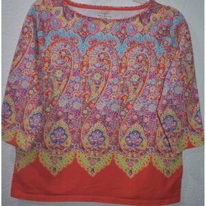 Talbots Tee Plus Petite 1Xp Stretch Cotton Paisley Boat Neck 3/4 Sleeve Pullover